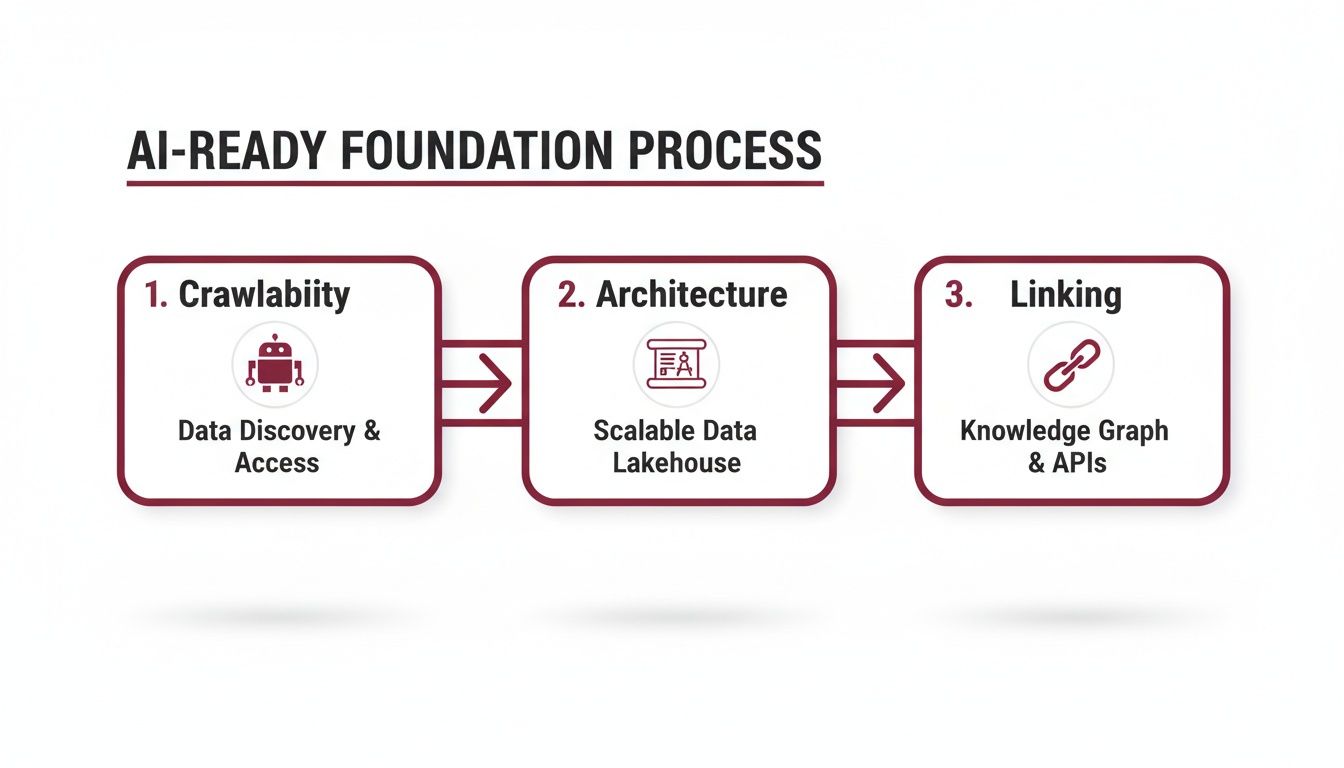 Flowchart illustrating the AI-Ready Foundation Process with three steps: Crawlability, Architecture, and Linking.