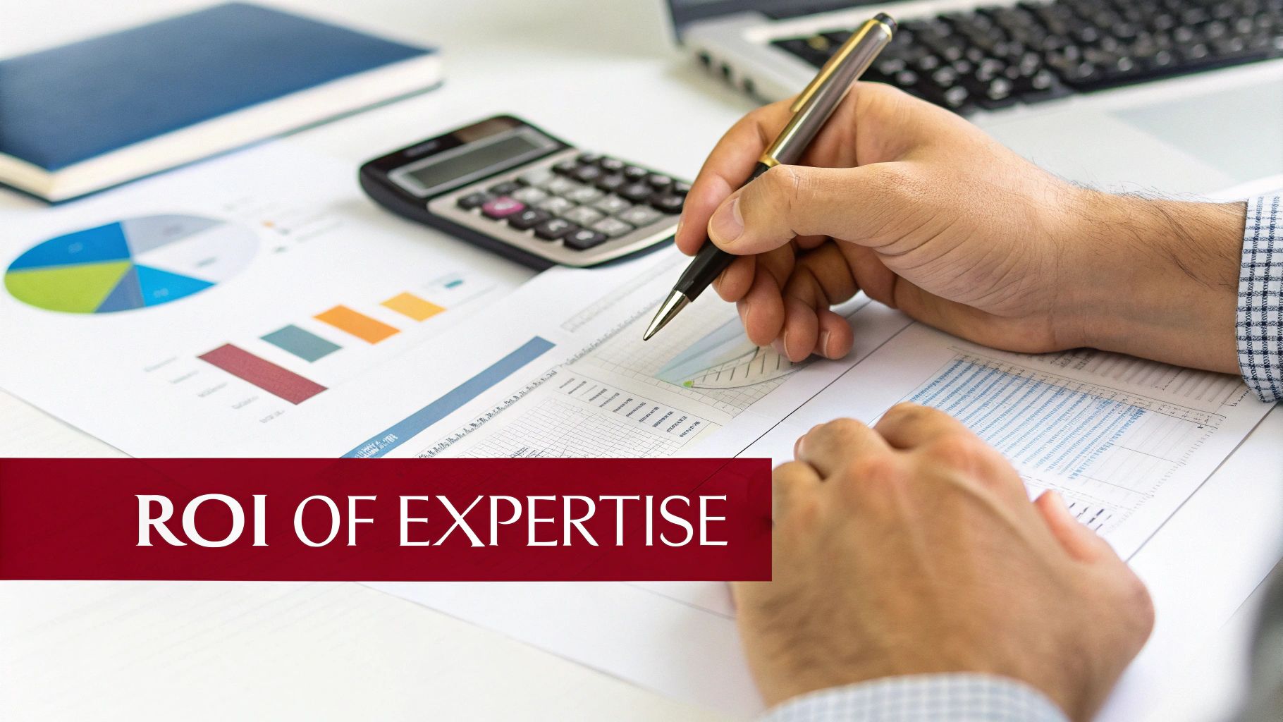 A person using a calculator with graphs and charts in the background, symbolizing financial investment and ROI.