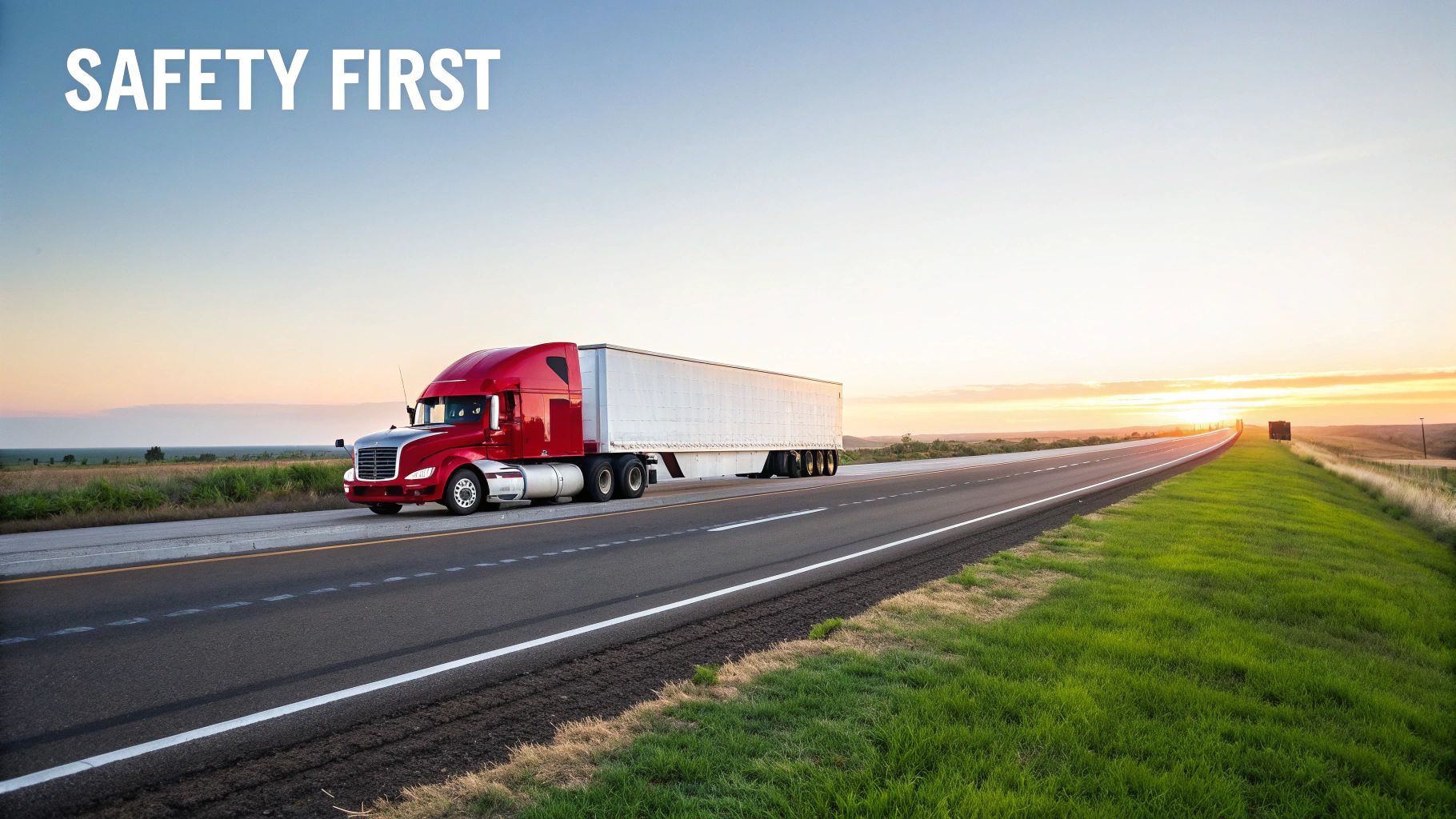 A red semi-truck with a white trailer drives on a highway at sunset, emphasizing "SAFETY FIRST".