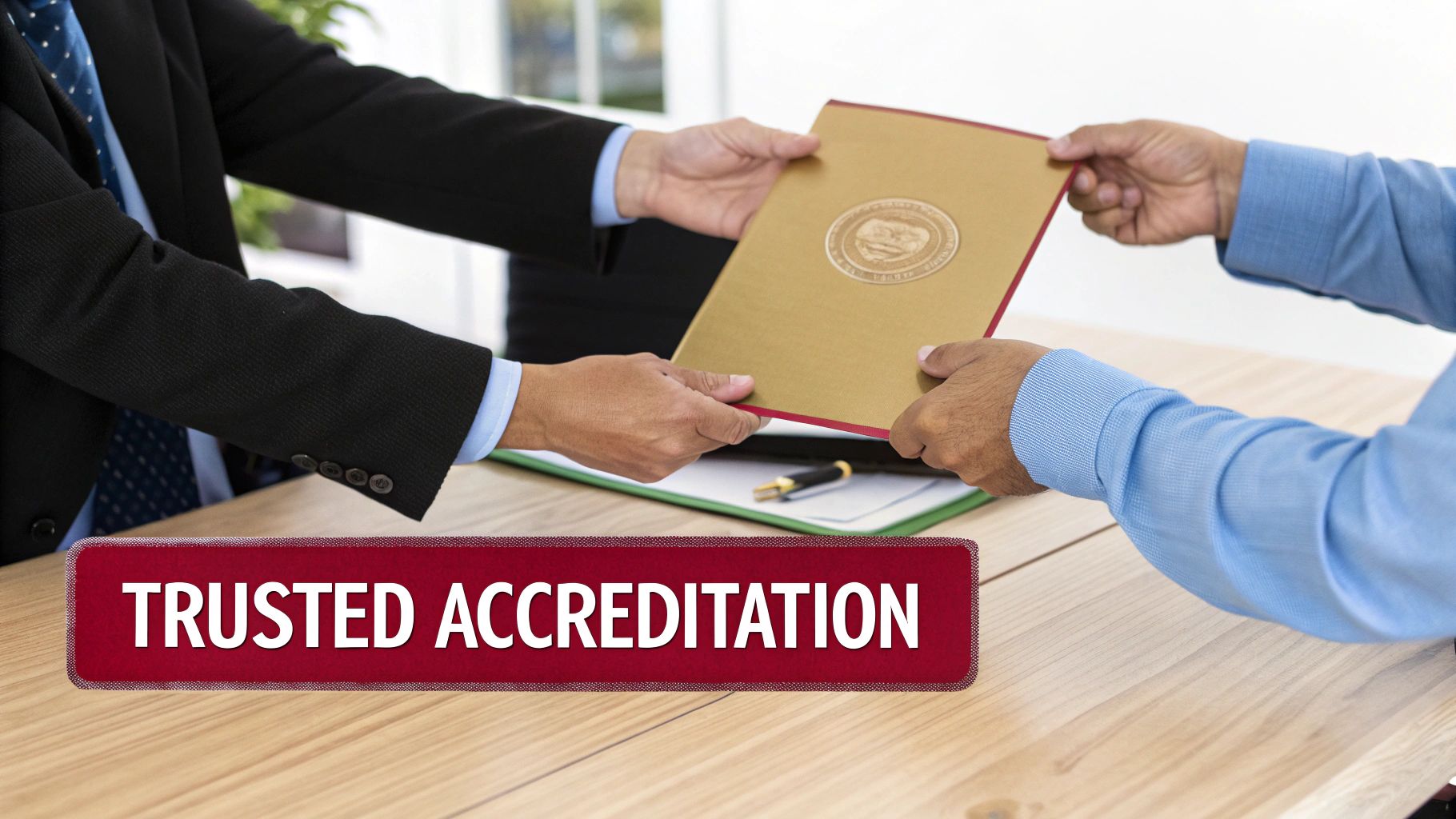 Two business people exchanging a golden certificate across a wooden table, symbolizing trusted accreditation.