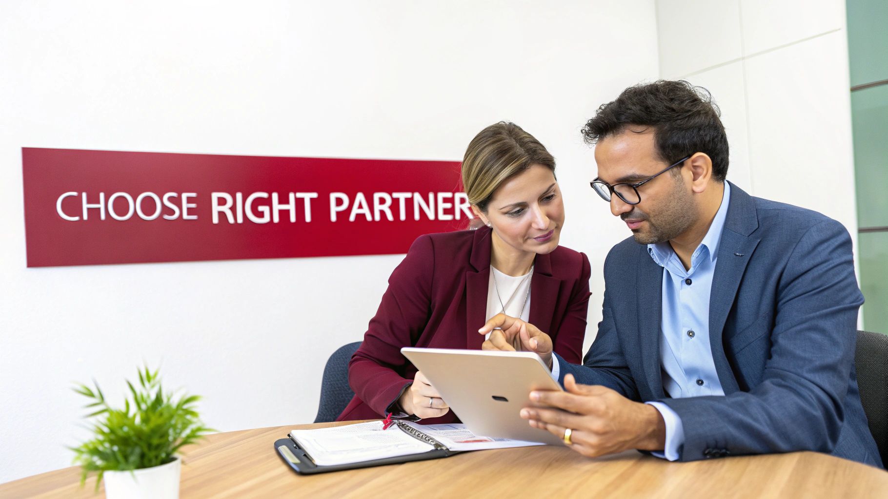 Two colleagues discuss a project on a digital tablet in a bright office.