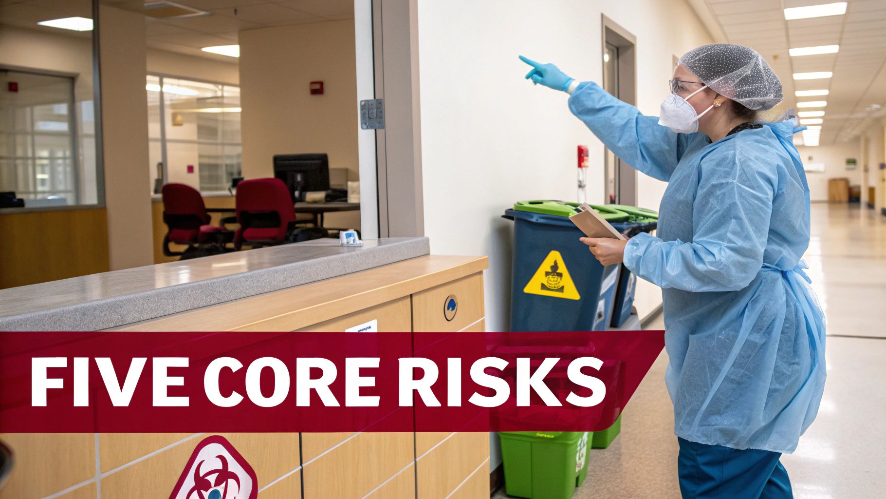 Medical professional in PPE points in a healthcare facility hallway near biohazard waste bins and a sign.