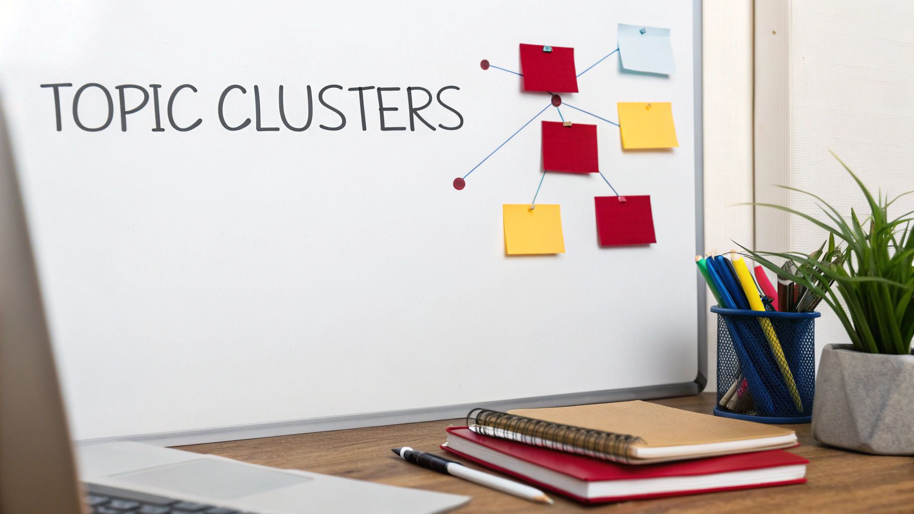 A whiteboard displays 'TOPIC CLUSTERS' and a diagram of connected colorful sticky notes, with notebooks and pens on a desk.