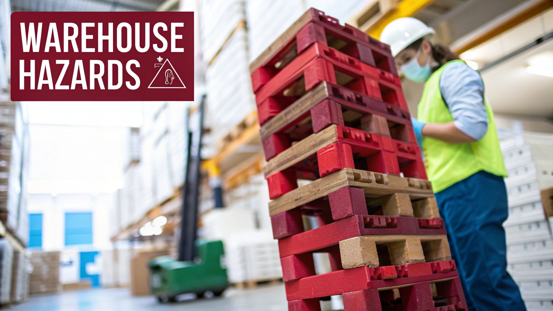 A worker in a warehouse, wearing safety gear, handles stacked pallets under a 'WAREHOUSE HAZARDS' sign.