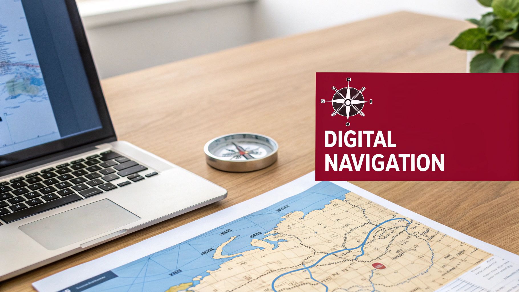 A laptop, a compass, and a paper map on a wooden desk, with a 'Digital Navigation' overlay.