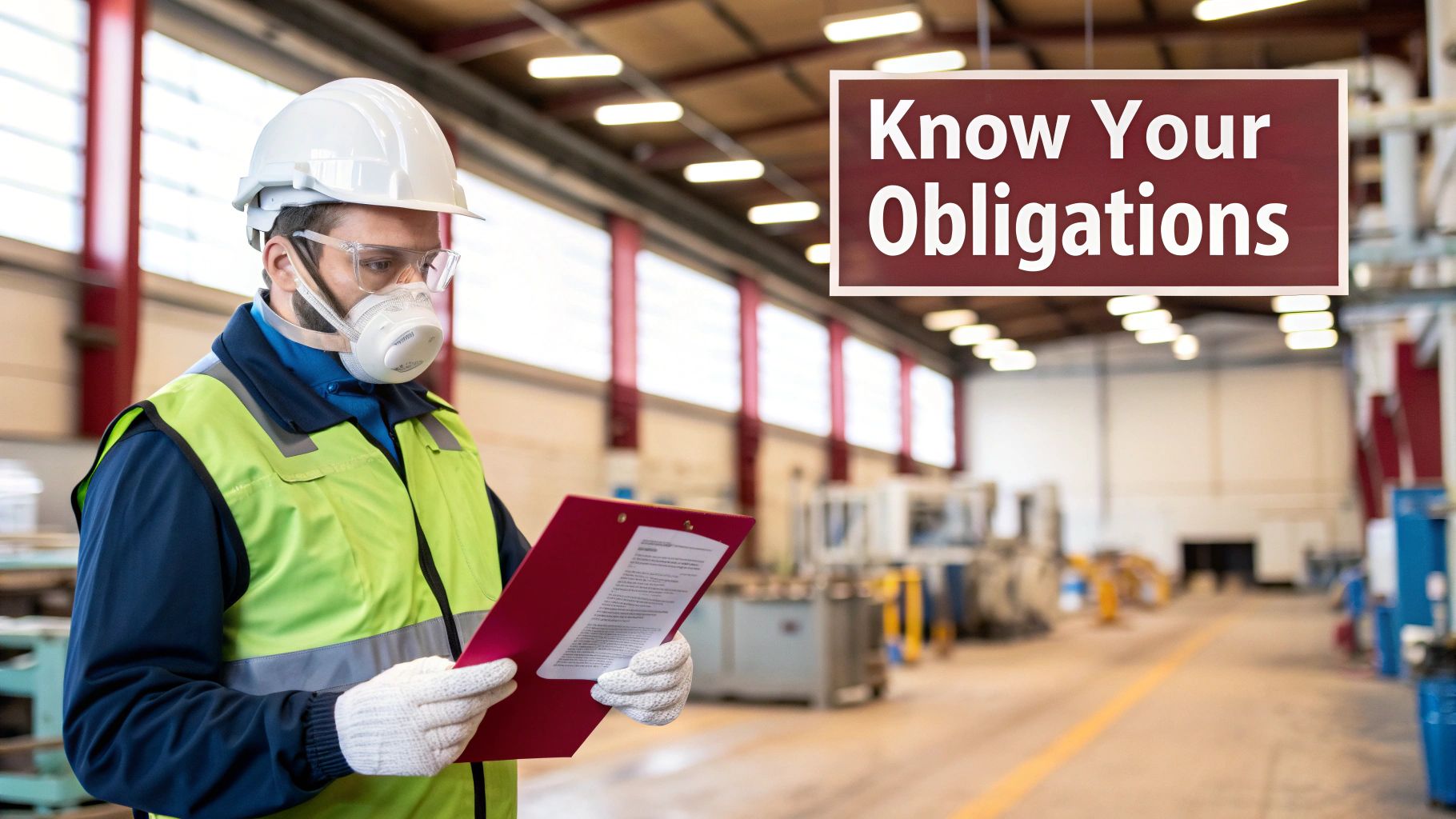 Worker in PPE, including a hard hat and respirator, reads a document in a factory, with a 'Know Your Obligations' sign.