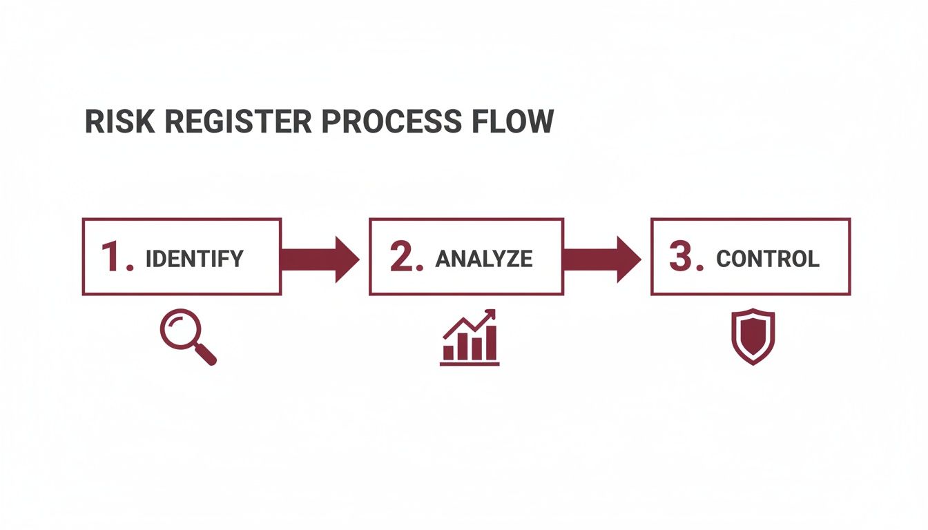 A clear diagram illustrating the three-step risk register process flow: identify, analyze, and control.