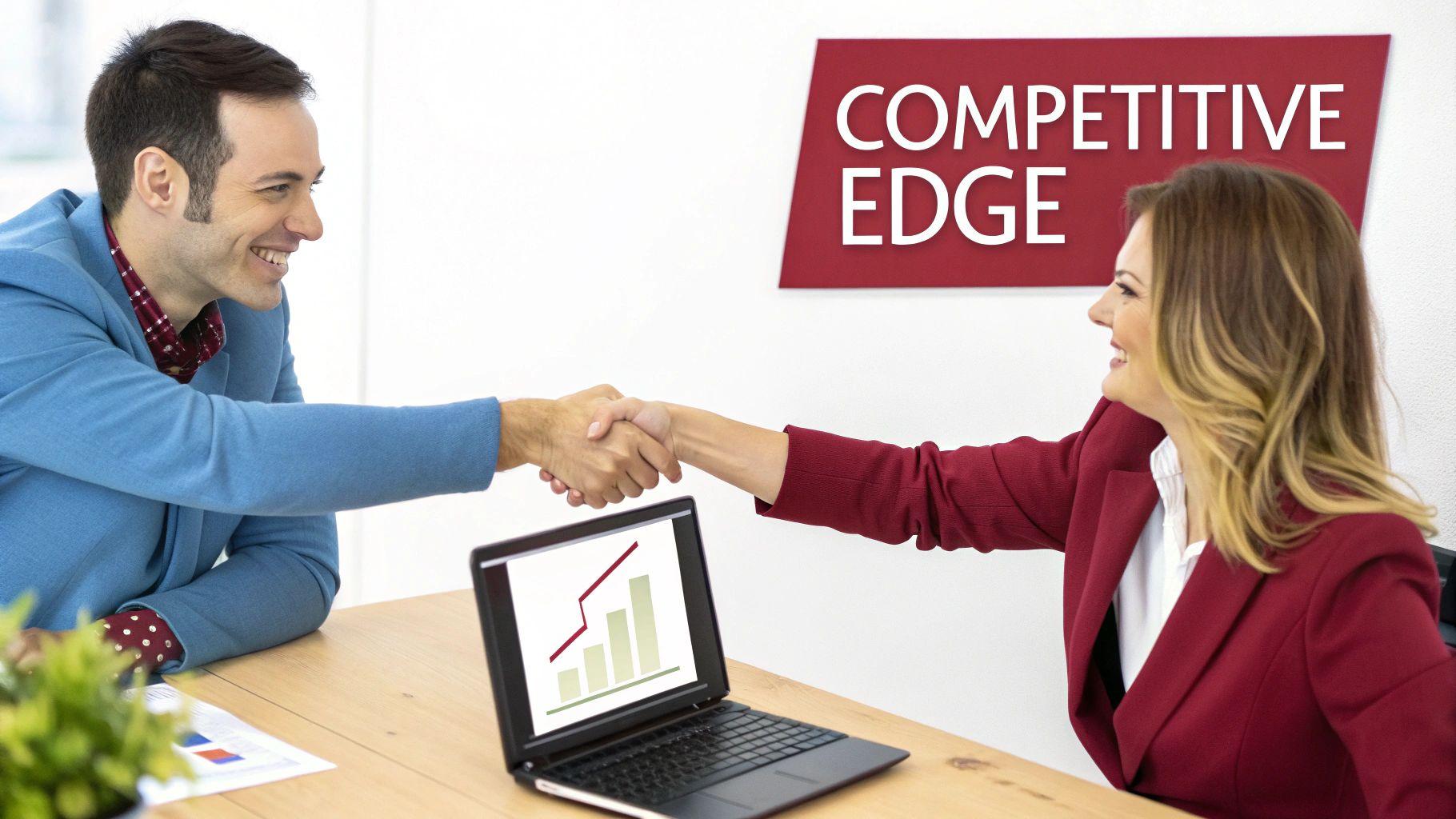 Two business professionals shake hands in agreement, with a laptop showing growth, symbolizing competitive edge.