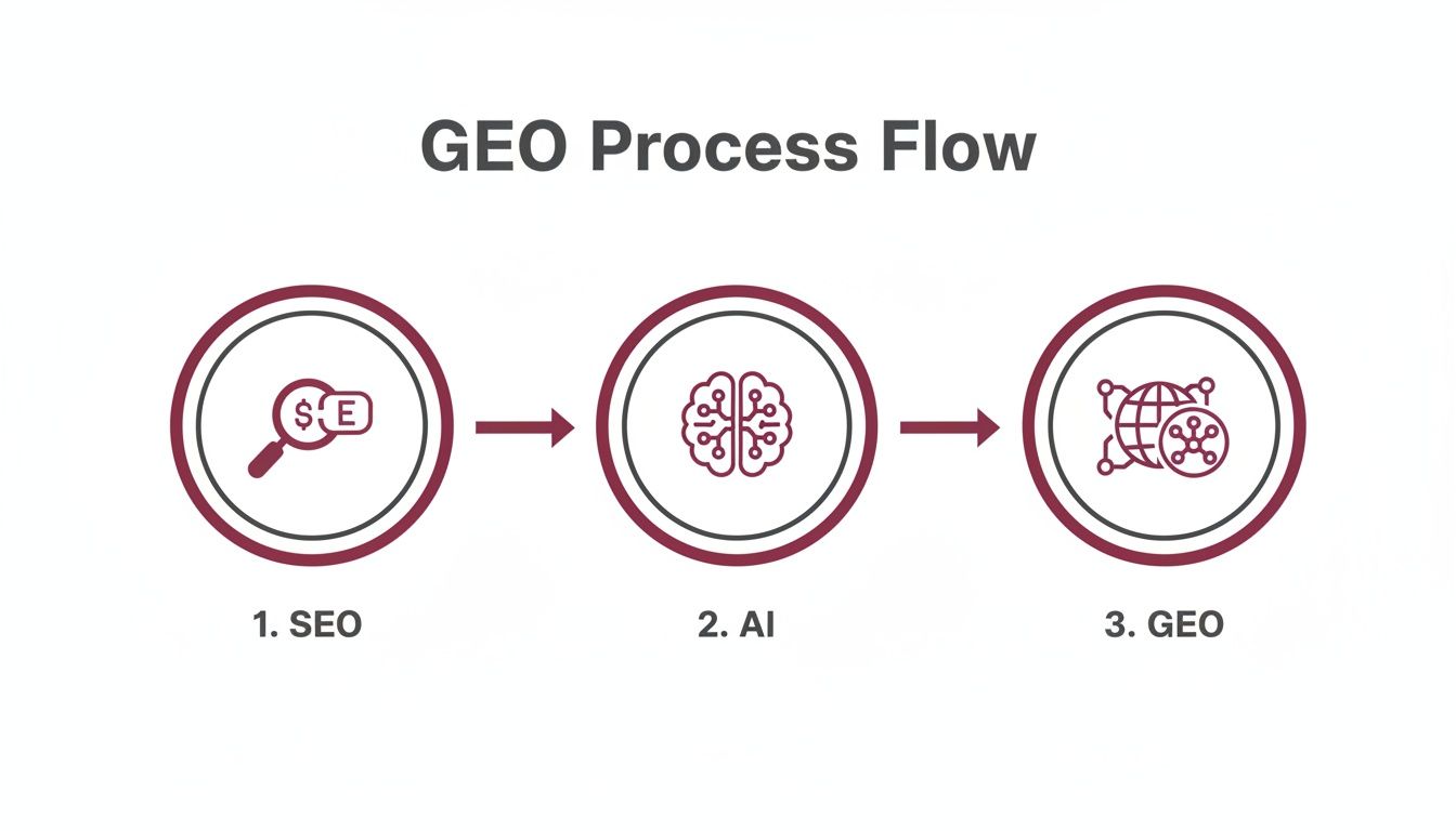 Flowchart showing GEO process: SEO (search icon), AI (brain icon), and GEO (globe icon) connected by arrows.