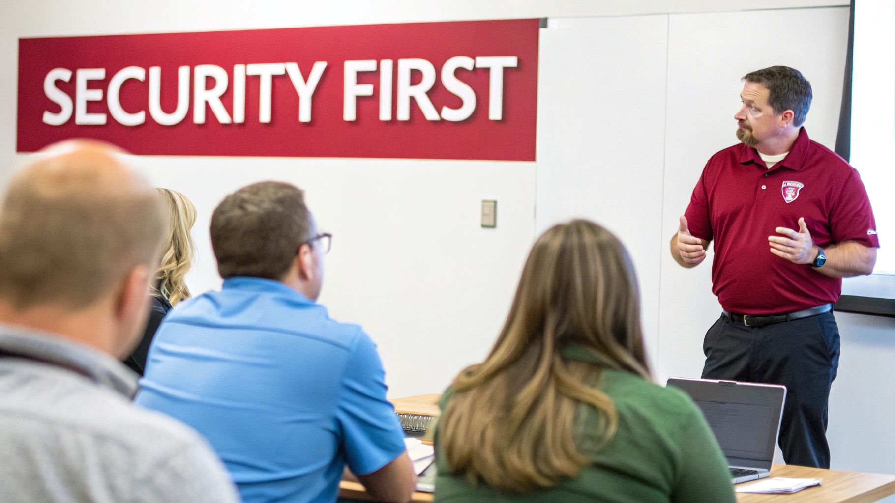 A group of diverse employees engaged in a collaborative security training session in a modern office.