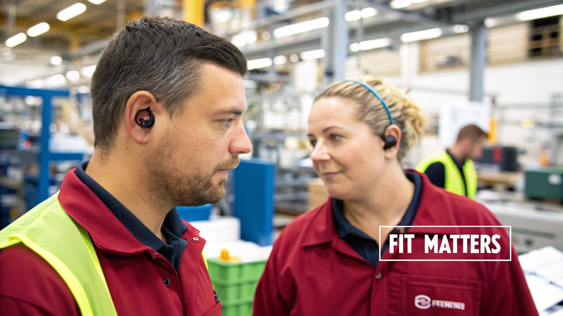 A worker having their hearing protection fit tested in an industrial setting.