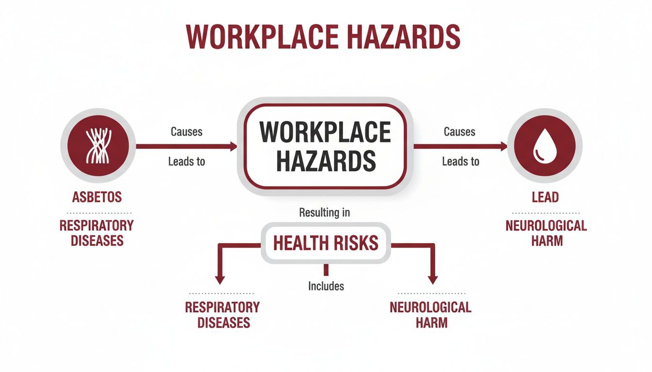 Flowchart illustrating workplace hazards, showing asbestos causes respiratory diseases and lead causes neurological harm.