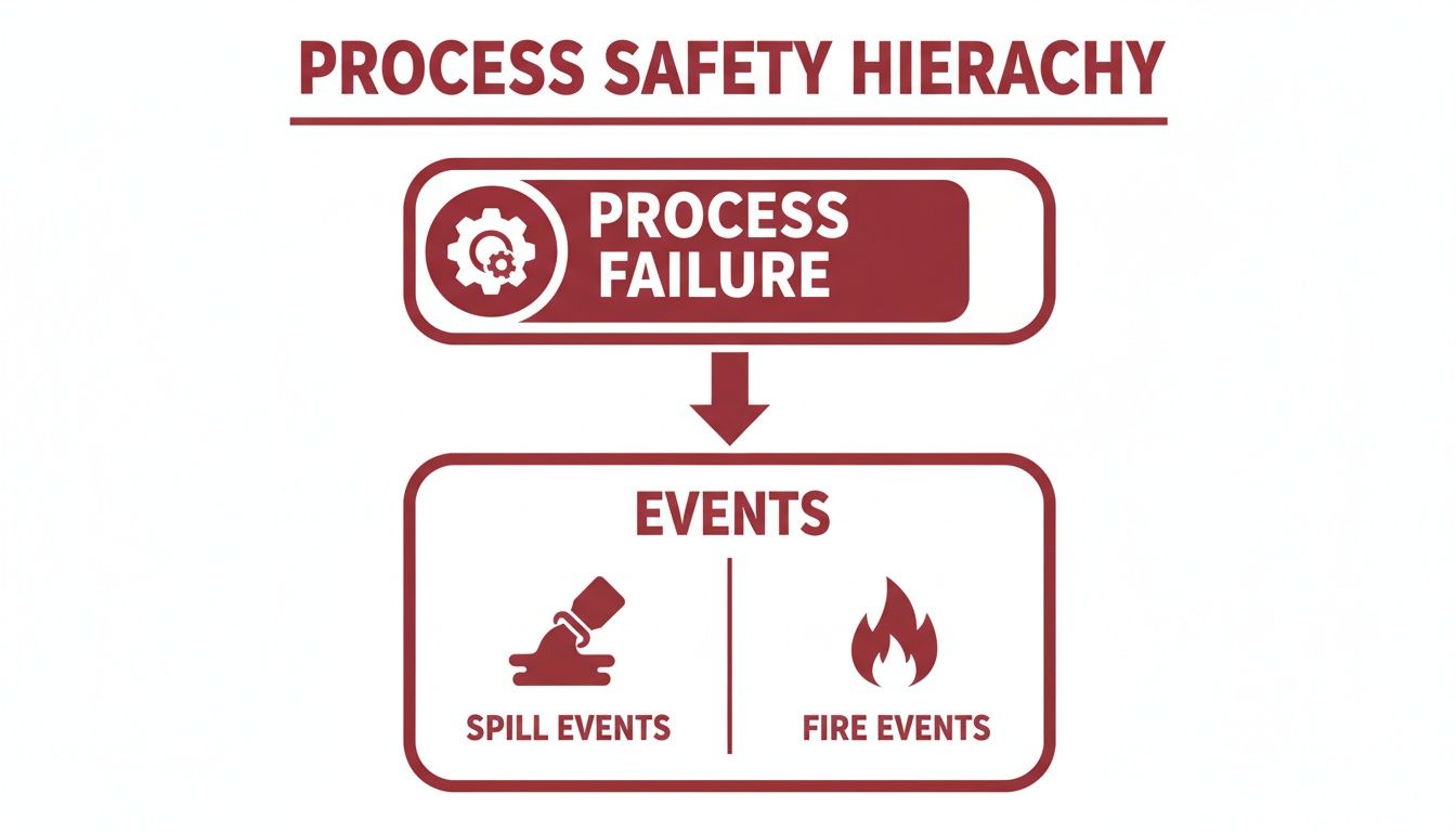 A diagram illustrating the process safety hierarchy, showing process failure leading to spill and fire events.