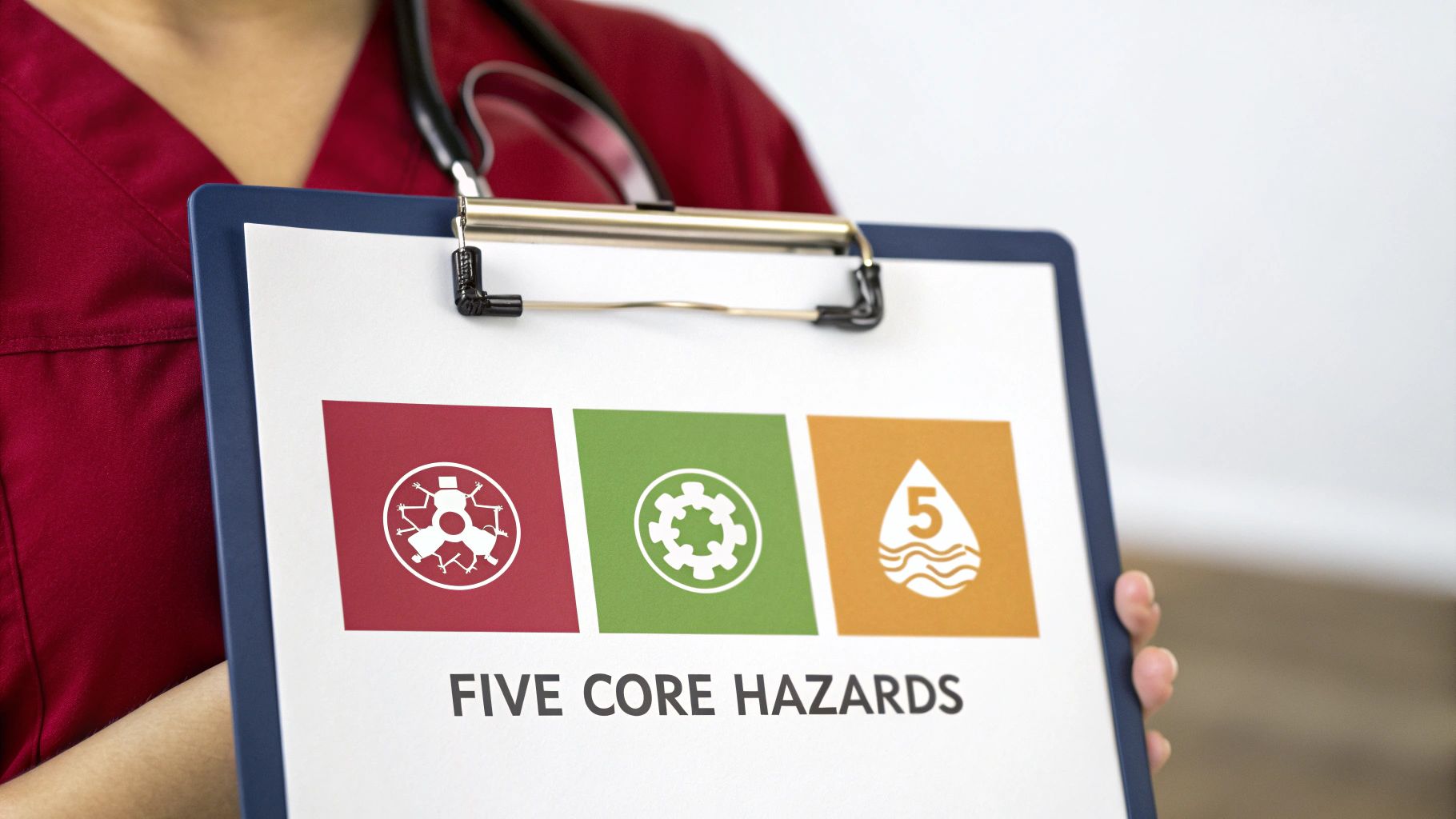 A healthcare worker holds a clipboard displaying 'FIVE CORE HAZARDS' with three illustrative icons.