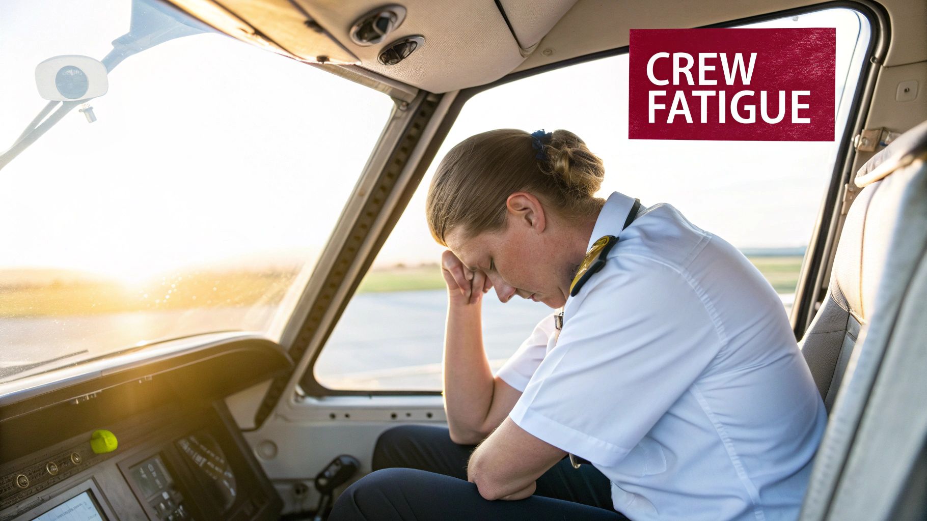 An exhausted female pilot, head in hands, in an airplane cockpit, with 'CREW FATIGUE' overlay.