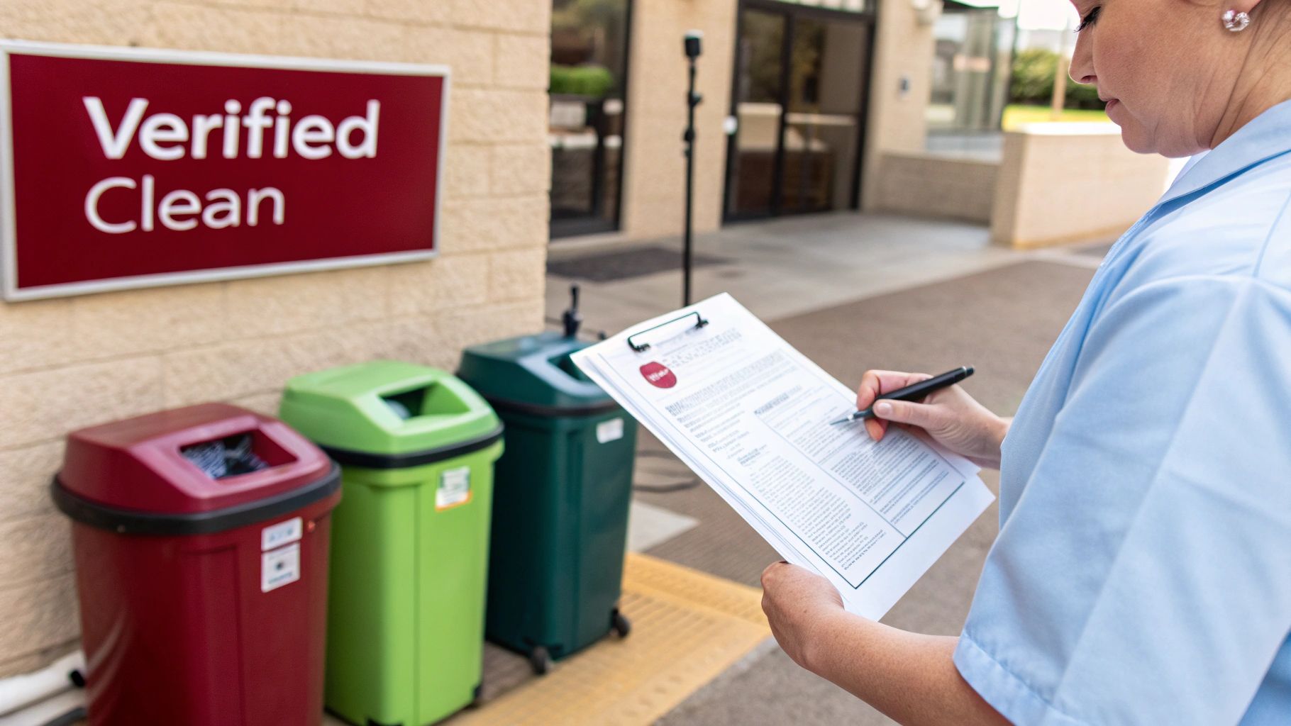 A person in a light blue uniform writes on a clipboard next to a 'Verified Clean' sign and trash bins.