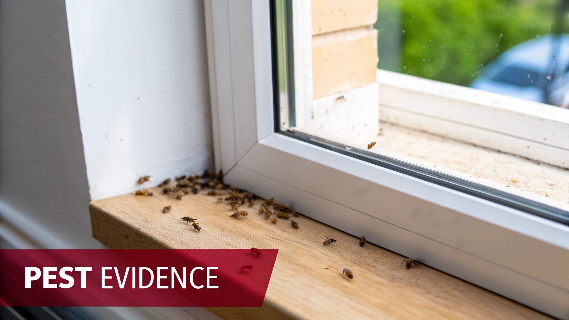 Dead bees are scattered on a wooden windowsill next to a white window frame, indicating pest evidence.