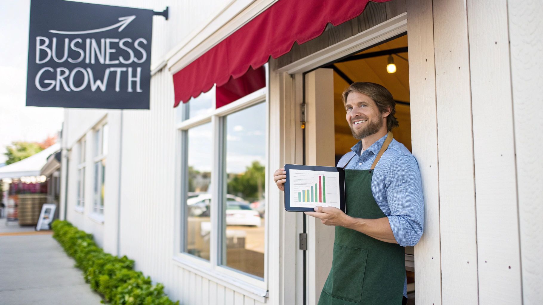Smiling small business owner shows growth charts on a tablet outside his shop with a 'BUSINESS GROWTH' sign.