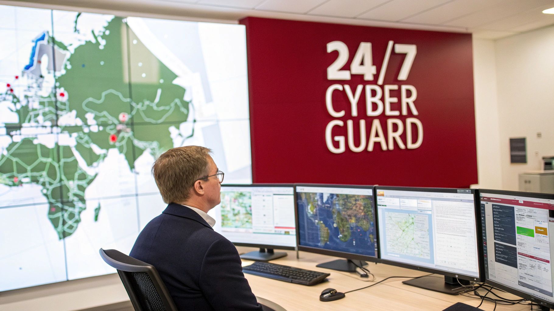 A man in a suit monitors multiple screens and a world map display in a cyber security control room.