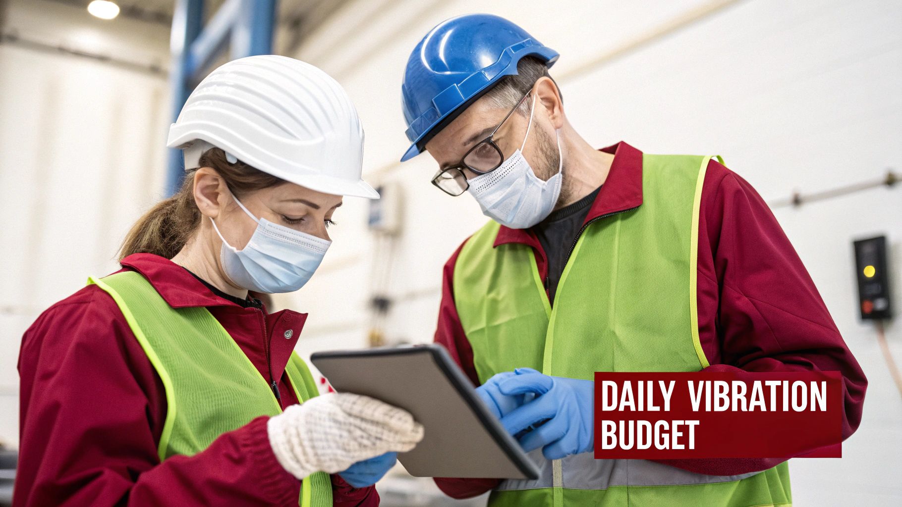 Two industrial workers in hard hats and masks review data on a tablet in a factory.