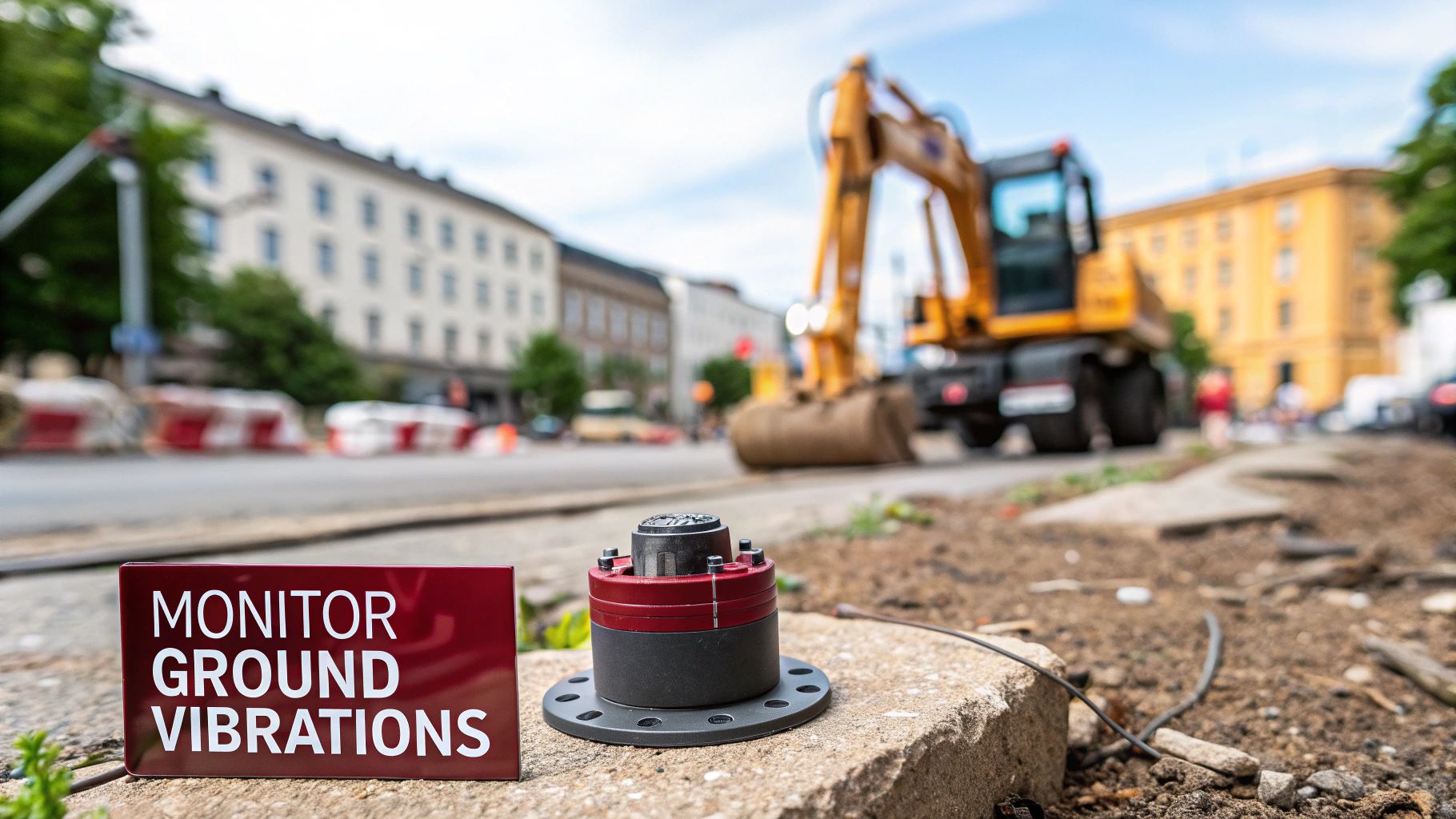 A construction site with heavy machinery, illustrating a common source of ground vibrations.