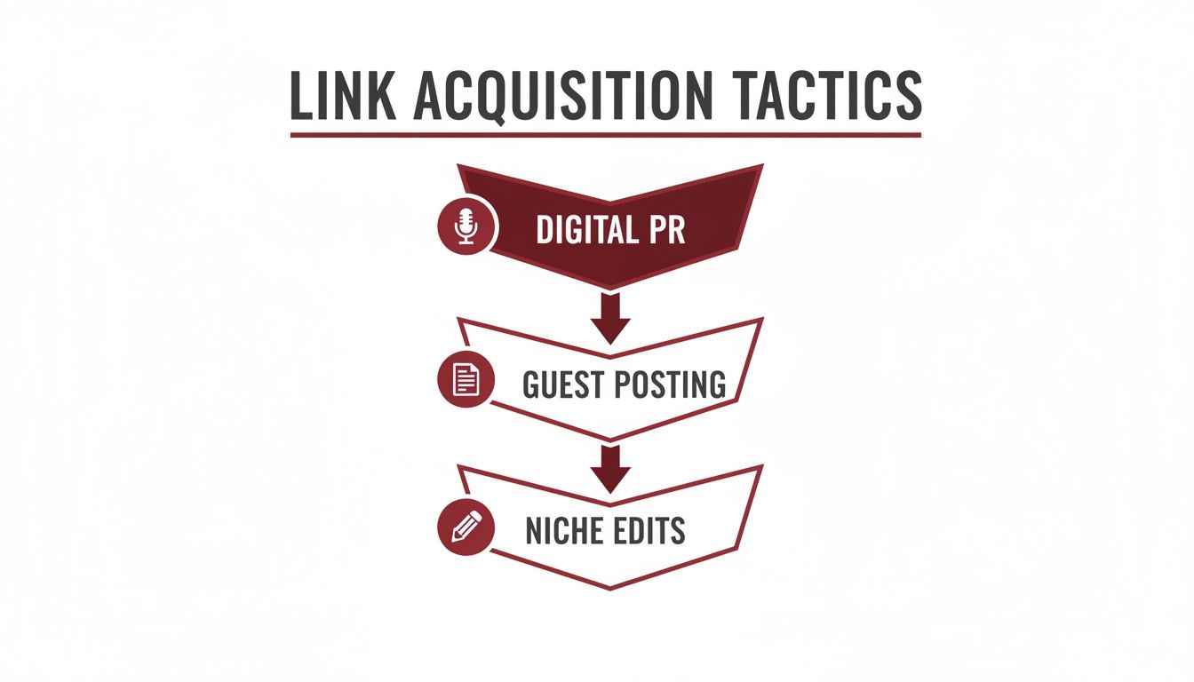 Flowchart illustrating link acquisition tactics: Digital PR, Guest Posting, and Niche Edits.