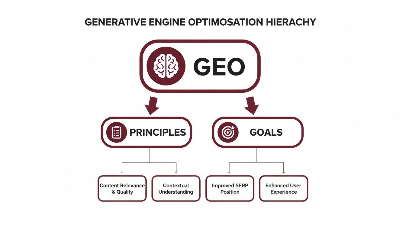Generative Engine Optimisation (GEO) hierarchy diagram detailing principles, content relevance, and user experience goals.