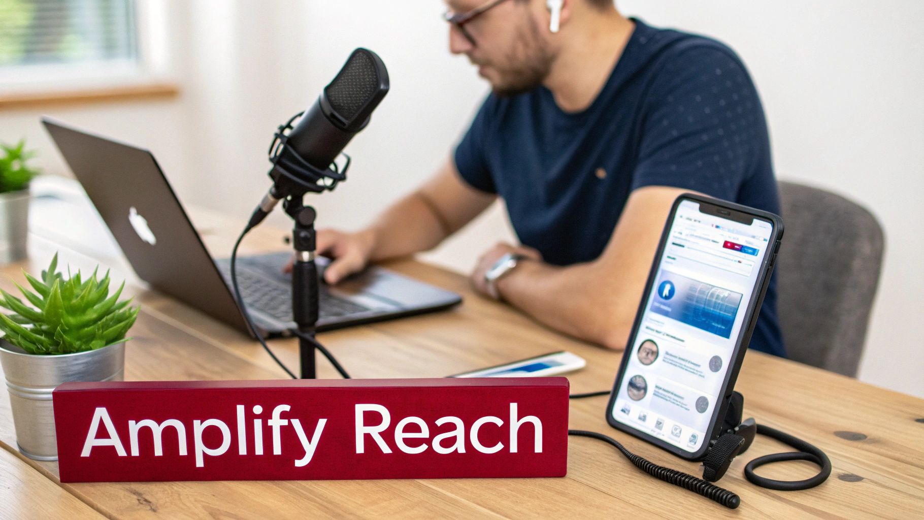 Man recording a podcast with a microphone and laptop, a phone showing an app, and an 'Amplify Reach' sign.