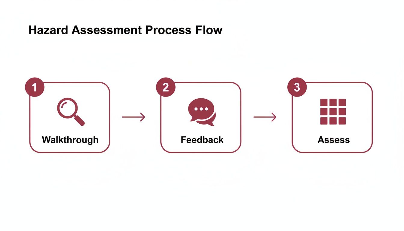 A hazard assessment process flow showing three steps: Walkthrough, Feedback, and Assess with icons.