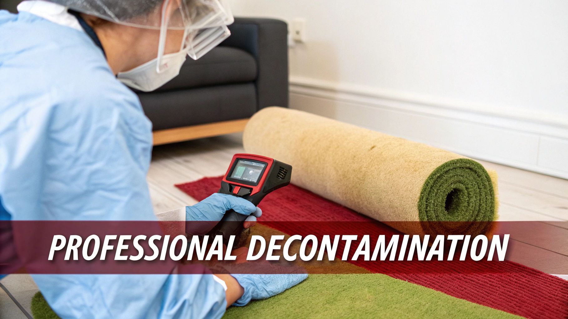 A person in full PPE uses a handheld device to inspect a rolled-up rug for professional decontamination.