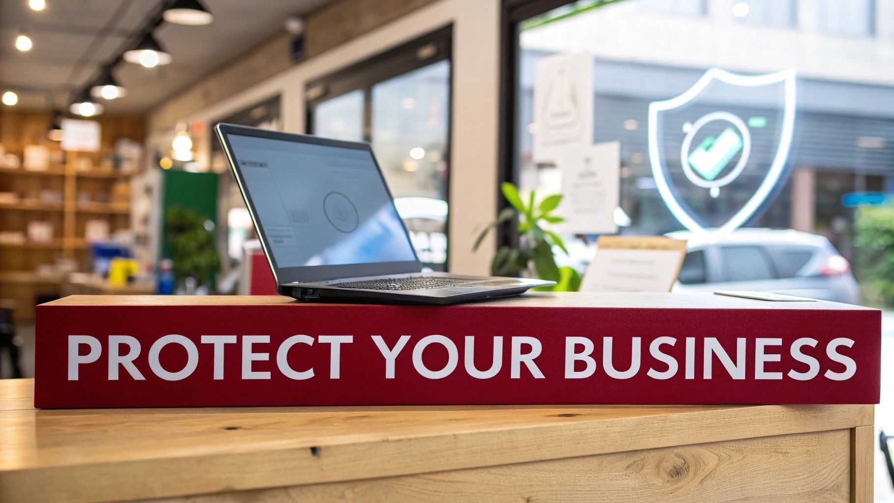 A laptop on a wooden counter with a red 'PROTECT YOUR BUSINESS' sign, emphasizing cybersecurity.