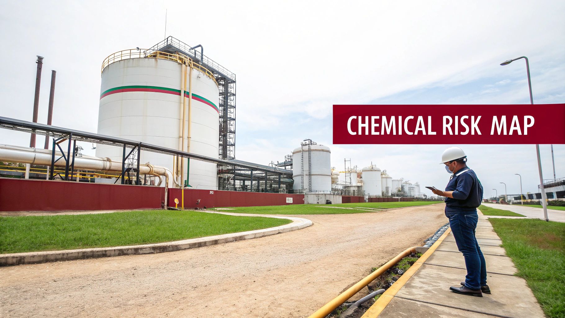 Worker in hard hat and mask using a tablet at a chemical plant, with a 'CHEMICAL RISK MAP' overlay.