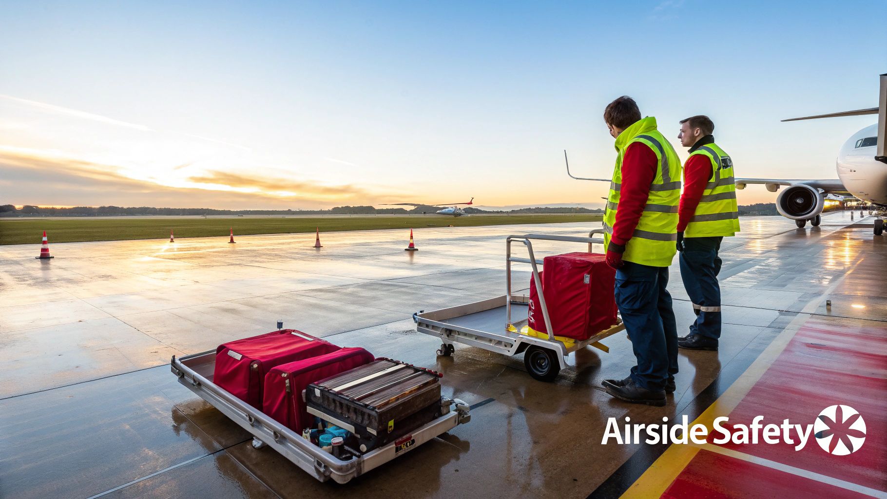 Two airport ground staff load luggage near an aircraft on a wet tarmac at sunrise.