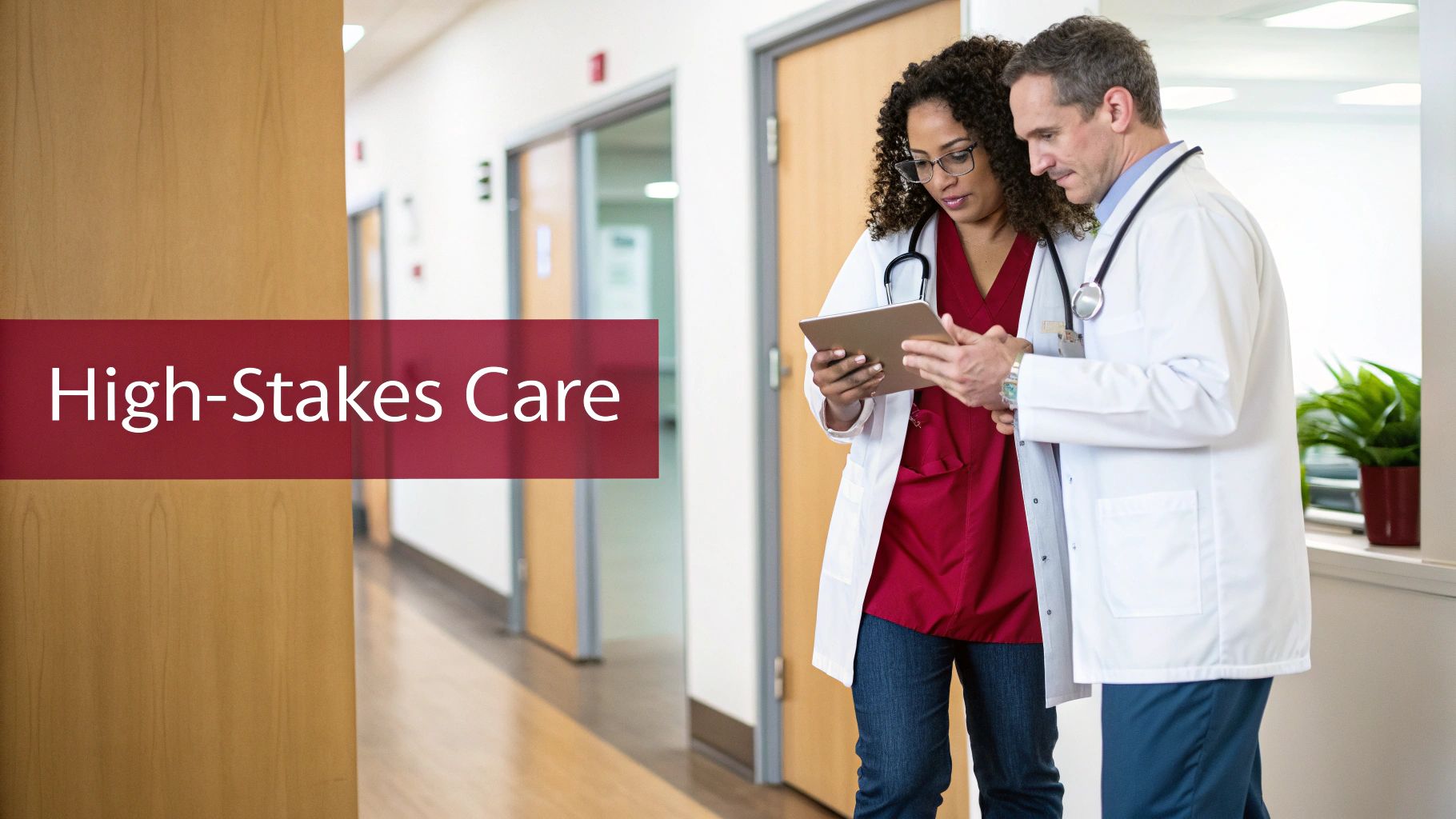 Two diverse medical professionals review patient data on a tablet in a hospital hallway.