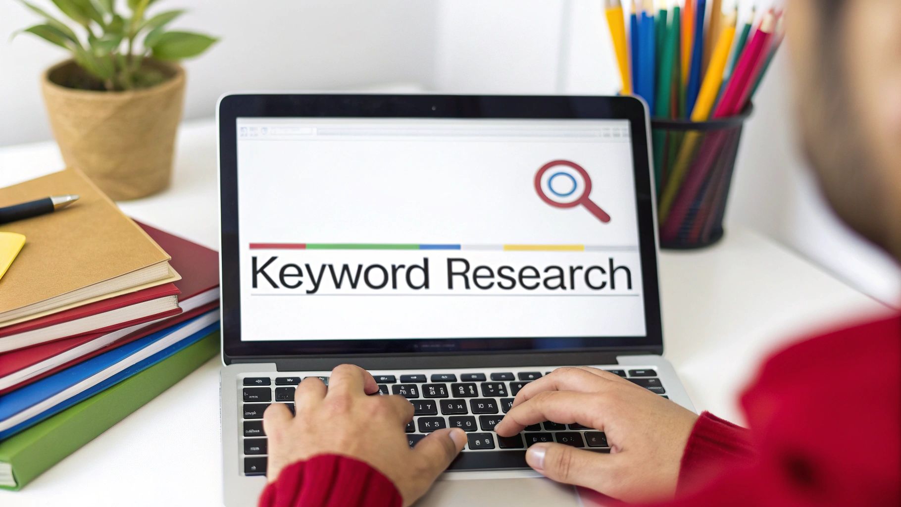 A person's hands type on a laptop displaying 'Keyword Research' and a search icon.