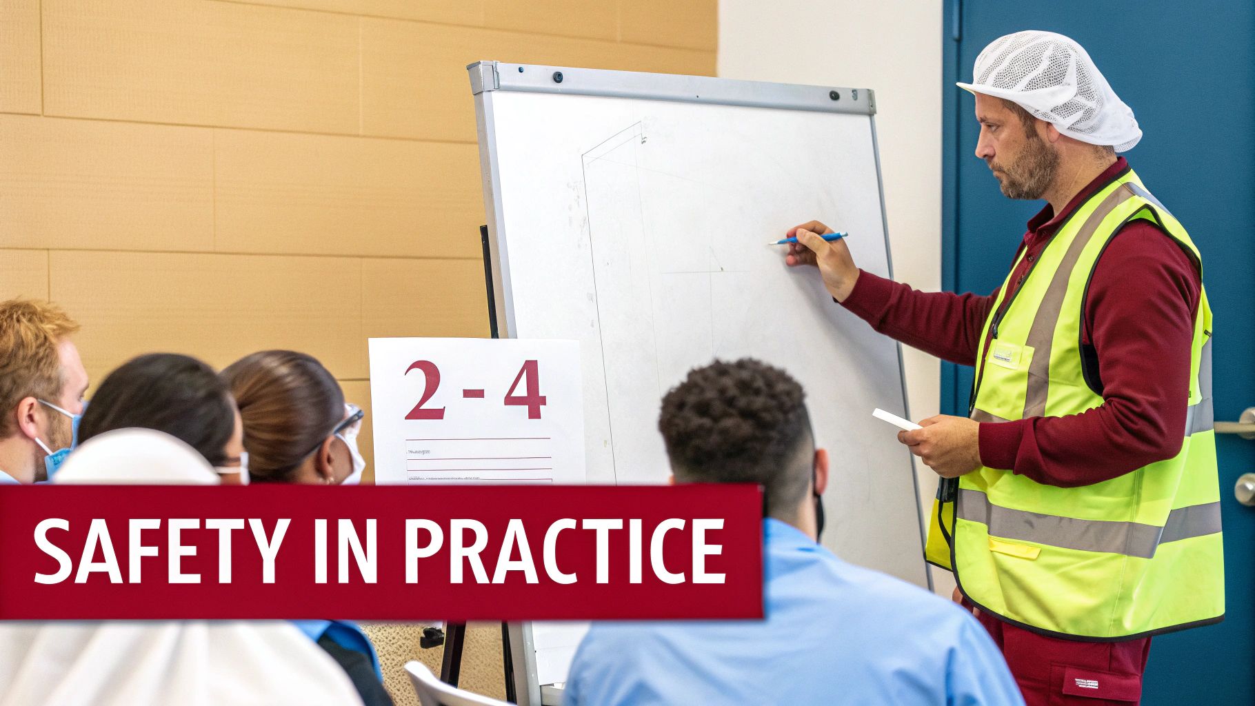 Instructor in safety vest leads a 'Safety in Practice' training session for workers.