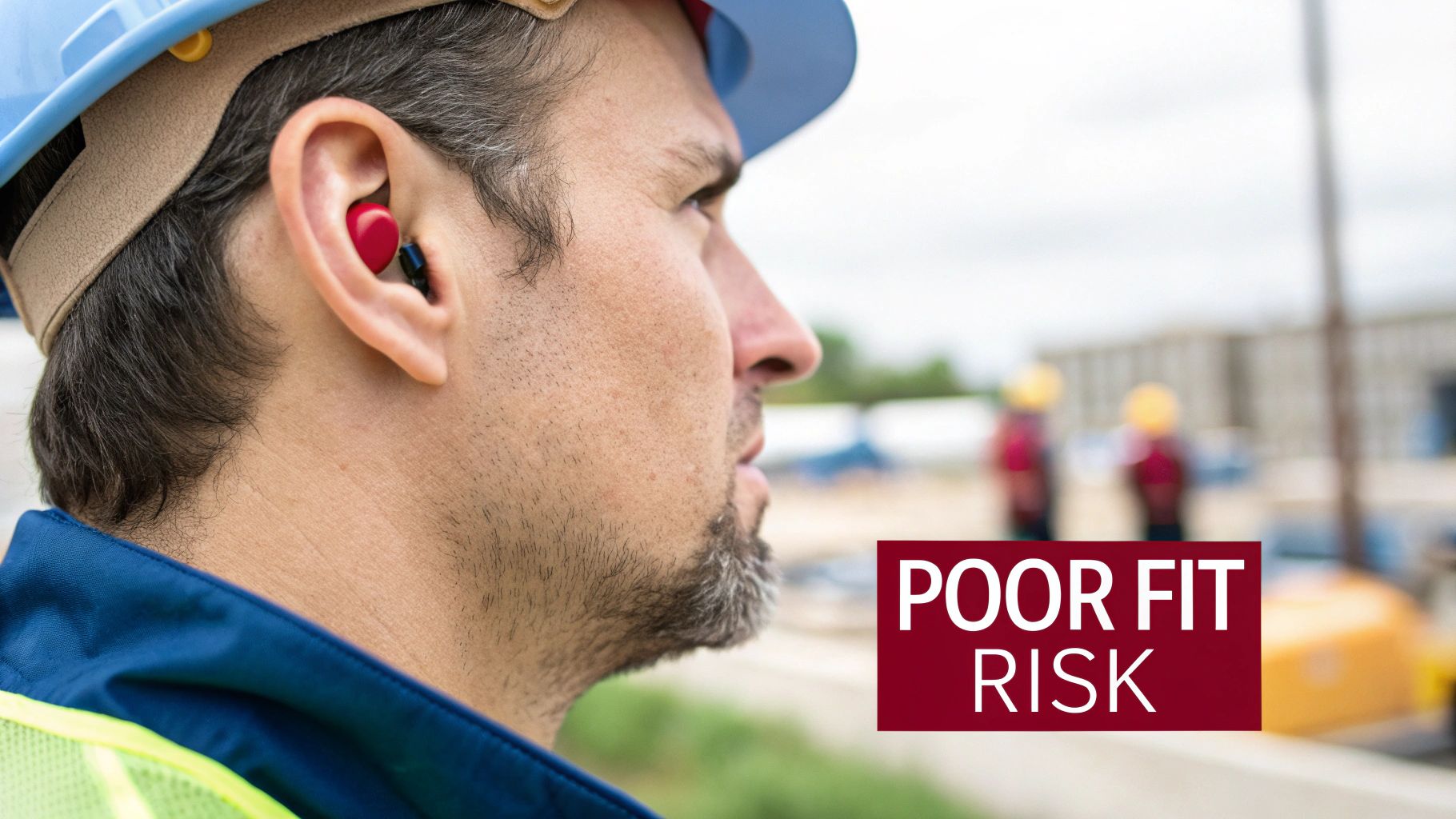 A worker wearing hearing protection in a noisy industrial environment.
