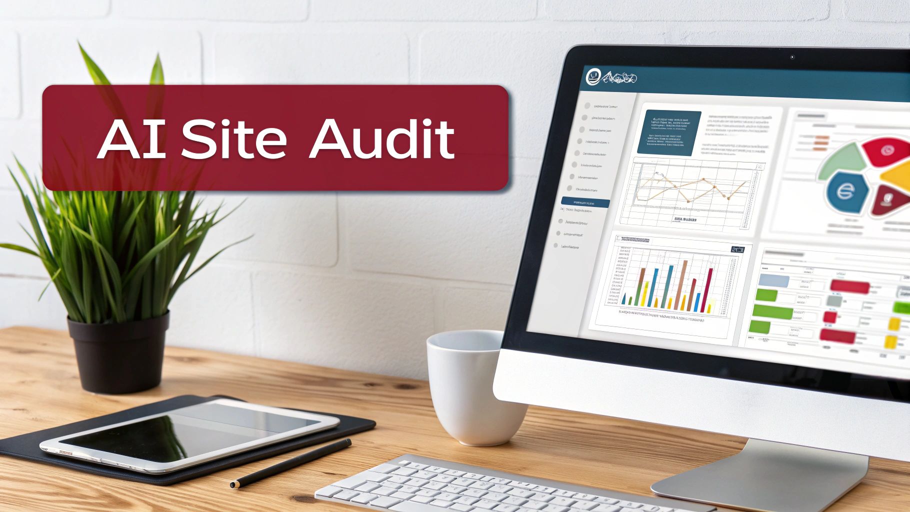 A modern desk with a computer displaying an AI site audit dashboard with charts and graphs.