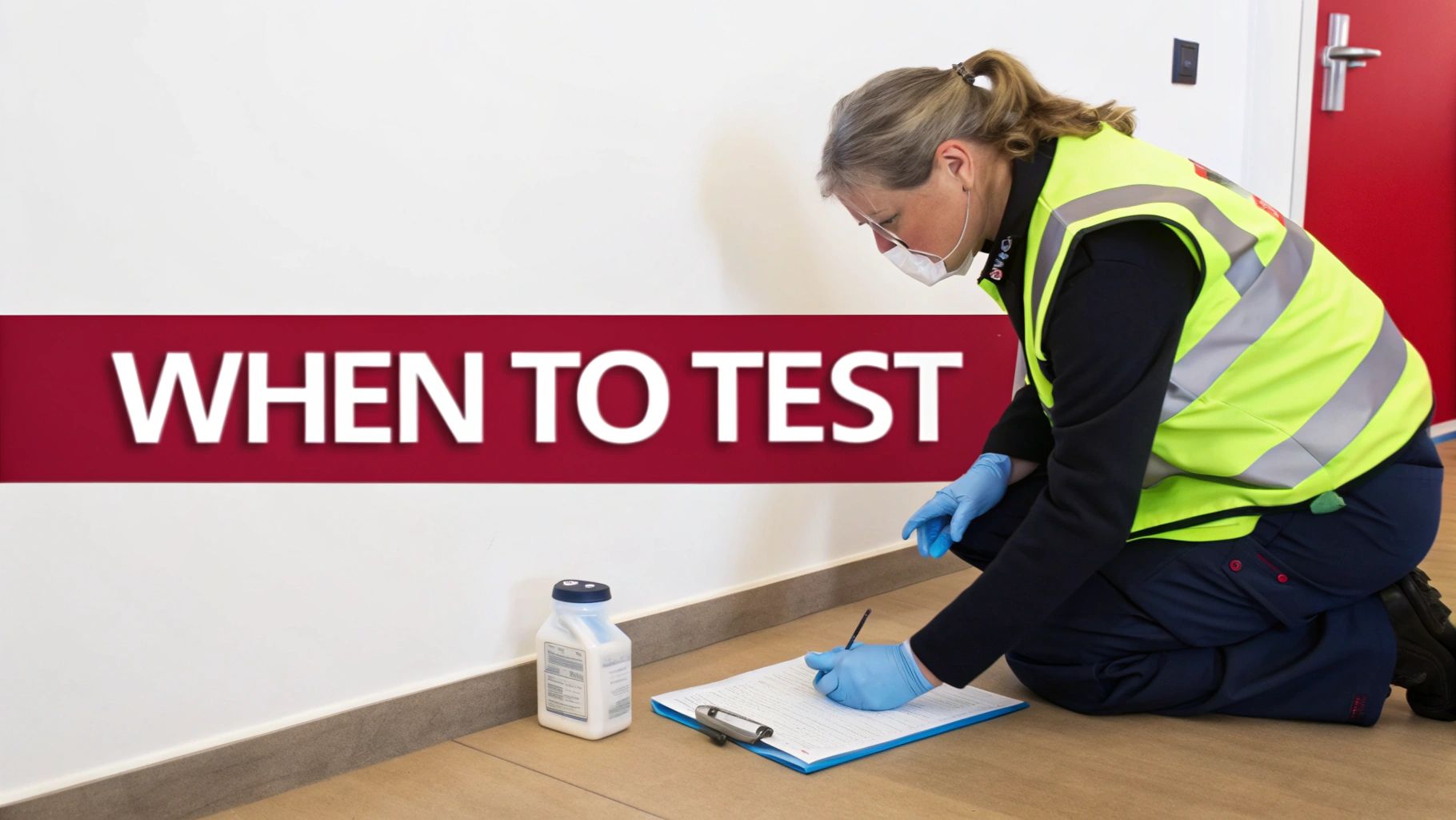 A worker in a hi-vis vest and mask kneels, writing on a clipboard with 'WHEN TO TEST' on the wall.