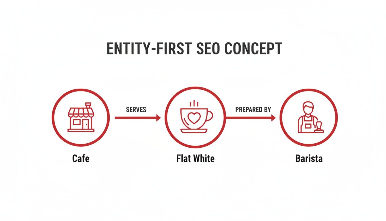 Diagram illustrating the Entity-First SEO Concept: Cafe serves Flat White, which is prepared by Barista.