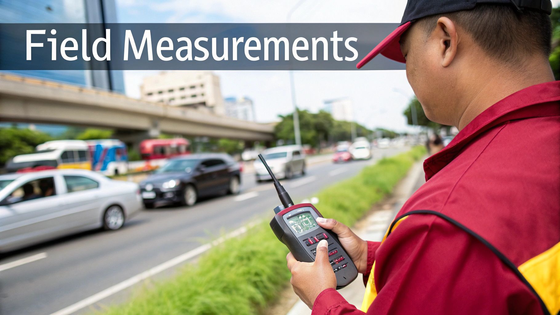 An acoustic consultant setting up a sound level meter on a tripod for an environmental noise test.