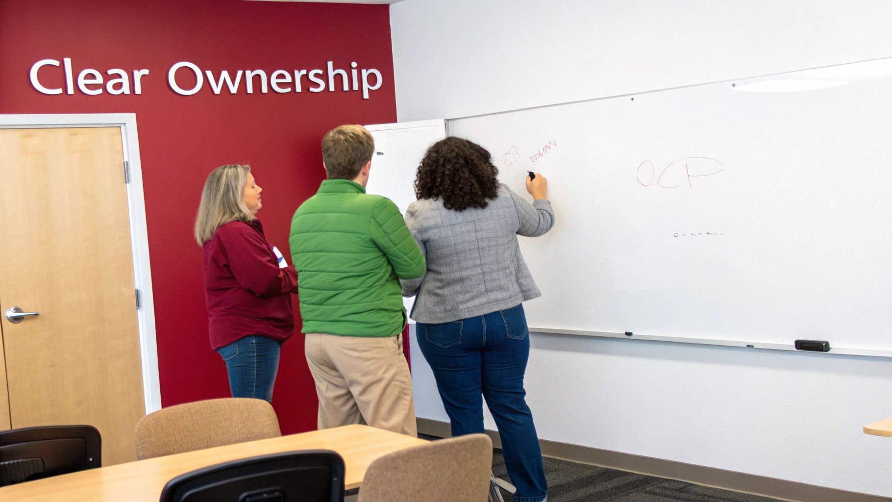 Three colleagues collaborate in a meeting room, one writing on a whiteboard with 'Clear Ownership' on the wall.