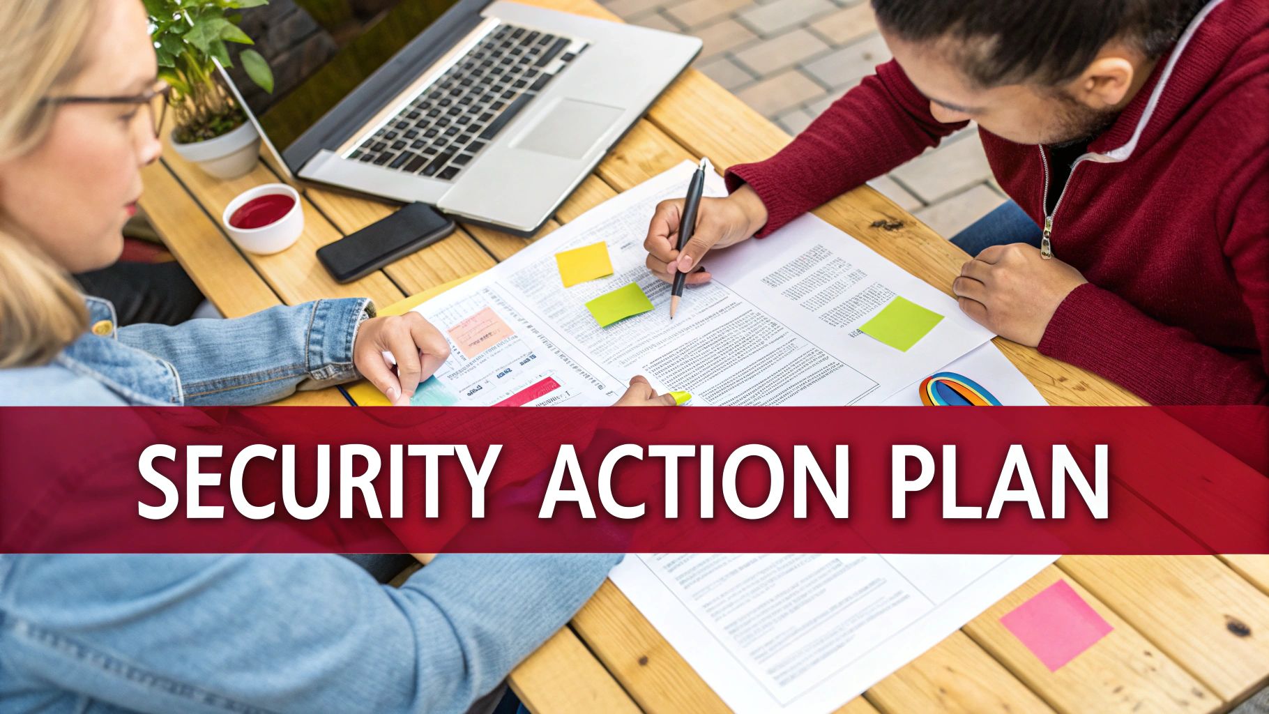 Two people collaborating on a security action plan at a table with documents, sticky notes, and a laptop.