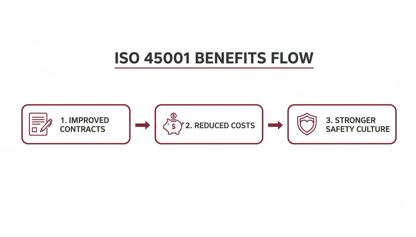 A flow chart illustrates the benefits of ISO 45001, including improved contracts, reduced costs, and a stronger safety culture.