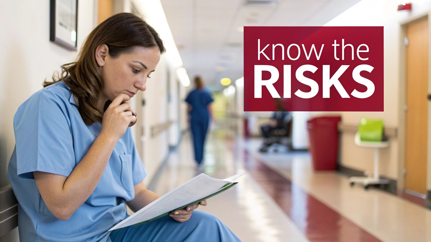 A thoughtful healthcare worker in scrubs reads documents in a hospital hallway with a 'know the RISKS' overlay.