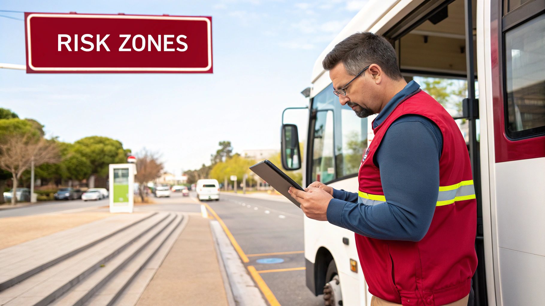 Bus driver in a reflective vest using a tablet near a bus and 'RISK ZONES' sign.