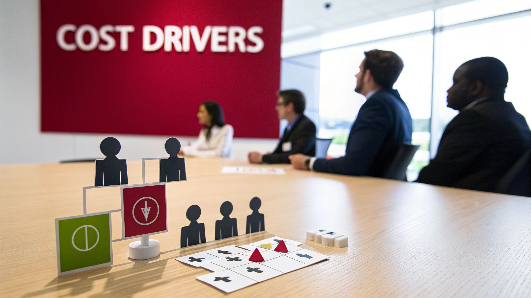 Diverse professionals in a meeting room with tabletop strategy games and a 'COST DRIVERS' sign.