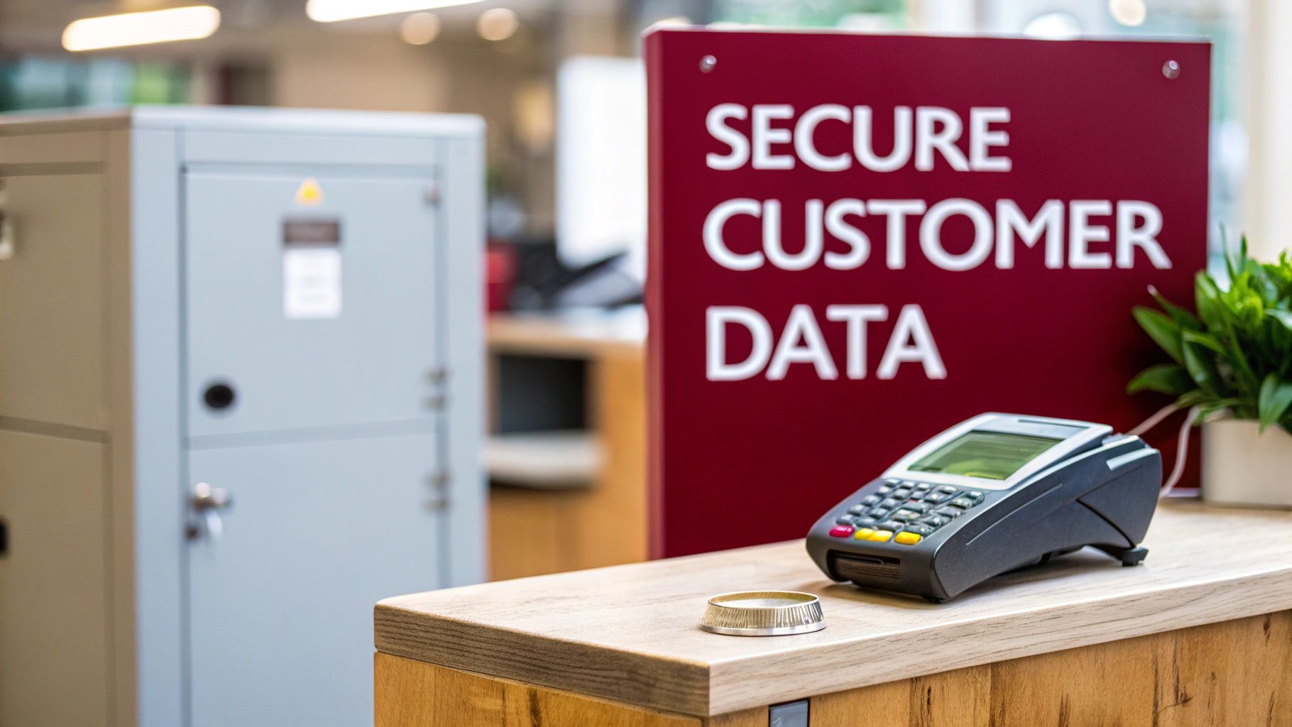 A payment terminal on a wooden counter with a "SECURE CUSTOMER DATA" sign and a secure cabinet in the background.