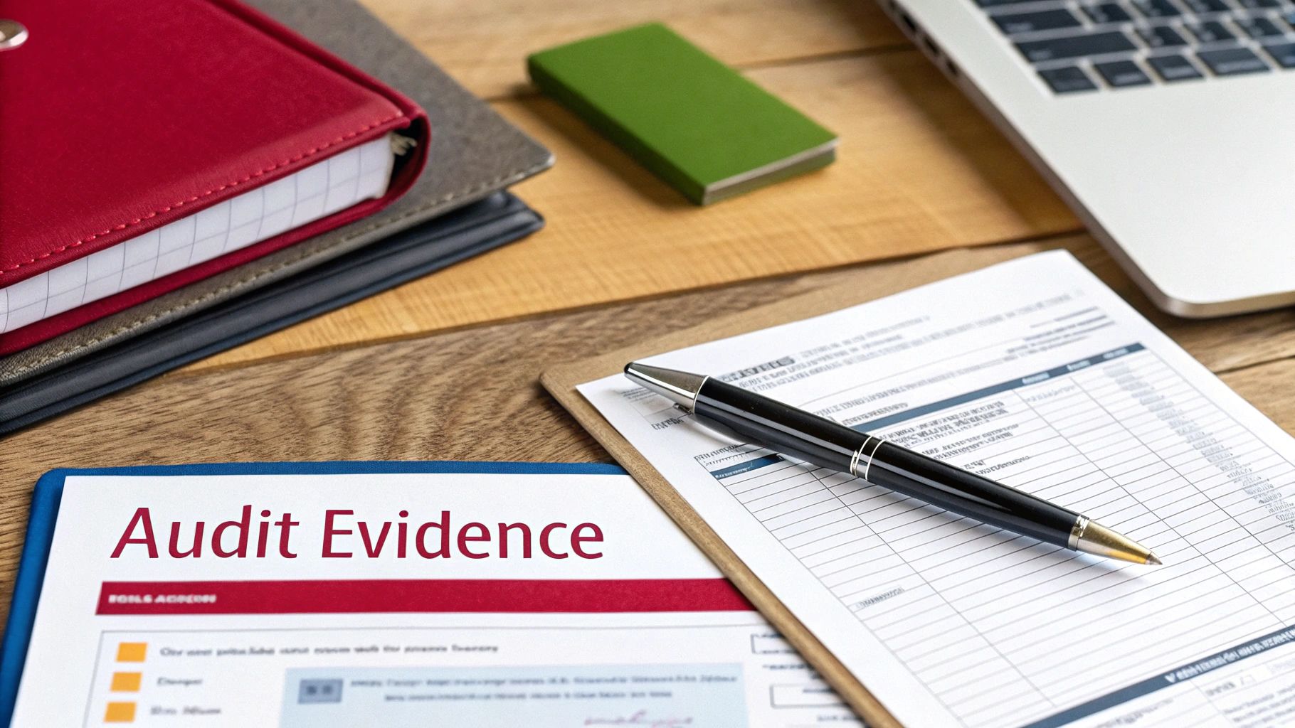 A wooden desk with an 'Audit Evidence' document, a pen, a laptop, and notebooks.