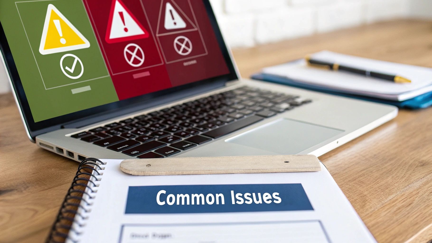 A laptop screen showing warning and checkmark icons next to a notebook titled 'Common Issues' on a wooden desk.